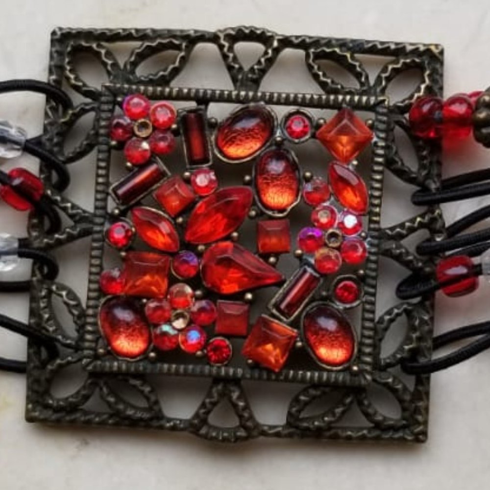 BLACK METAL BRACELET with Red Stones - Picture 1 of 4